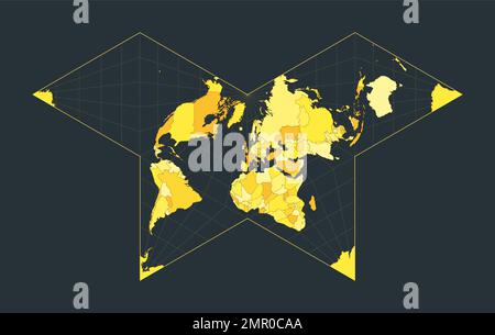 Carte du monde. Projection de papillon Collignon. Illustration futuriste pour votre infographie. Couleurs de campagne jaune vif. Illustration vectorielle tendance Illustration de Vecteur