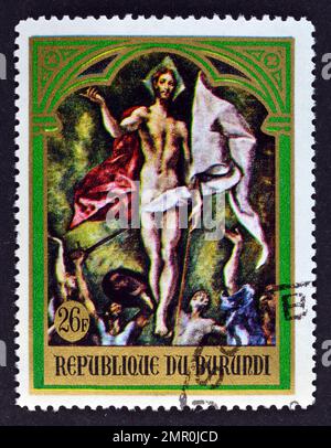 Timbre-poste annulé imprimé par le Burundi, qui montre la peinture Résurrection par El Greco, vers 1969. Banque D'Images