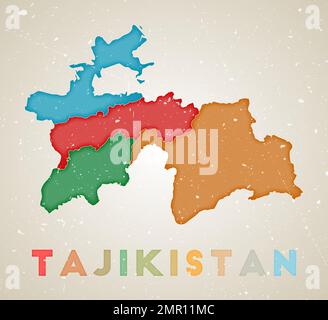 Carte du Tadjikistan. Affiche pays avec régions de couleur. Ancienne texture de grunge. Illustration vectorielle du Tadjikistan avec le nom du pays. Illustration de Vecteur