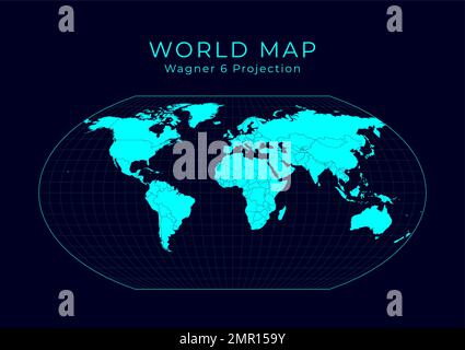 Carte du monde. Wagner VI projection. Illustration futuriste du monde de l'infographie. Couleurs cyan vives sur fond sombre. Illustration vectorielle créative Illustration de Vecteur