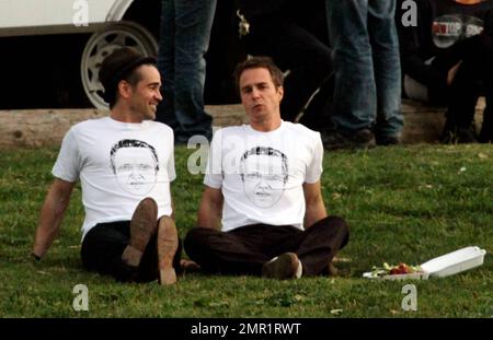 EXCLUSIF !! Colin Farrell, Sam Rockwell et Abbie Cornish films scènes sur l'ensemble de leur nouveau film "Seven psychopathes" sur place à LA. Pendant le tournage, Farrell et Rockwell portaient des t-shirts assortis avec un dessin du visage de la co-star Christopher Walken. Le film raconte l'histoire d'un scénariste (Farrell) qui est pris dans le complot d'enlèvement de chien de son ami (Rockwell). Woody Harrelson est également une des stars. Los Angeles, Californie. 6th janvier 2012. Banque D'Images