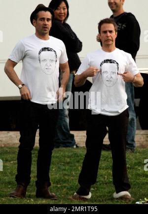 EXCLUSIF !! Colin Farrell, Sam Rockwell et Abbie Cornish films scènes sur l'ensemble de leur nouveau film "Seven psychopathes" sur place à LA. Pendant le tournage, Farrell et Rockwell portaient des t-shirts assortis avec un dessin du visage de la co-star Christopher Walken. Le film raconte l'histoire d'un scénariste (Farrell) qui est pris dans le complot d'enlèvement de chien de son ami (Rockwell). Woody Harrelson est également une des stars. Los Angeles, Californie. 6th janvier 2012. Banque D'Images