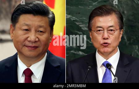 FILE - This combination of the file photos show Chinese President Xi Jinping, left, on Oct 25, 2017 in Beijing and South Korean President Moon Jae-in on Sept. 21, 2017 at U.N. headquarters. South Korean senior presidential official told a televised briefing Tuesday, Oct. 31, 2017 that President Moon and Xi will talk on the sidelines of an annual regional forum in Vietnam next week. (AP Photo/Ng Han Guan, Richard Drew, File)