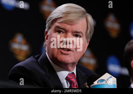 FILE - In this March 30, 2017, file photo, NCAA President Mark Emmert answers a question at a news conference in Glendale, Ariz. Emmert said Monday, Oct. 30, major changes are needed in college basketball before next season to show the public that the NCAA is capable of governing the sport in the wake of a bribery scandal. (AP Photo/Matt York, File)