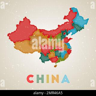 Carte de la Chine. Affiche pays avec régions de couleur. Ancienne texture de grunge. Illustration vectorielle de la Chine avec le nom du pays. Illustration de Vecteur