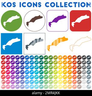 Collection d'icônes Kos. Icônes de carte tendance colorées et lumineuses. Badge Kos moderne avec carte de l'île. Illustration vectorielle. Illustration de Vecteur