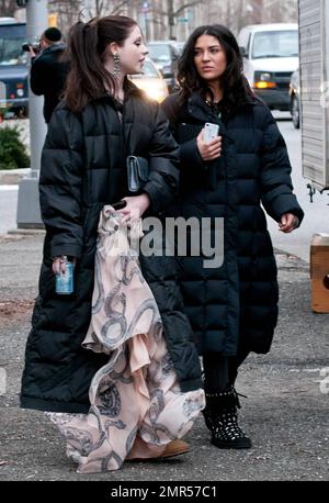 Michelle Tracthtenberg, Jessica Szohr et Blake Lively se regroupent lors d'une journée froide à Manhattan tout en filmant des scènes pour « Gossip Girl ». Même le chien de Blake Penny portait une petite veste de camouflage. Penn Badgely, qui filmait également, ne lui avait pas l'air d'être dérangé par le froid, portant un costume simple sans manteau d'hiver. New York, NY. 3/9/11. Banque D'Images