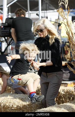 Gwen Stefani et son mari Gavin Rossdale s'insèrent dans l'esprit de l'Halloween en emportant leurs adorables fils Kingston et Zuma, vêtus de vampires, à une citrouille en L.A. Le couple affectueux a été vu tenant les mains et partageant un baiser en attendant que leurs garçons apprécient le plaisir. Kingston a été vu rebondir sur un saut à l'élastique tandis que Gwen a aidé Zuma à sauter le long des botte de foin. Los Angeles, Californie. 21st octobre 2012. Banque D'Images