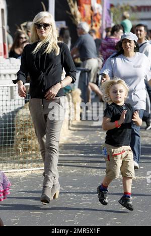 Gwen Stefani et son mari Gavin Rossdale s'insèrent dans l'esprit de l'Halloween en emportant leurs adorables fils Kingston et Zuma, vêtus de vampires, à une citrouille en L.A. Le couple affectueux a été vu tenant les mains et partageant un baiser en attendant que leurs garçons apprécient le plaisir. Kingston a été vu rebondir sur un saut à l'élastique tandis que Gwen a aidé Zuma à sauter le long des botte de foin. Los Angeles, Californie. 21st octobre 2012. Banque D'Images