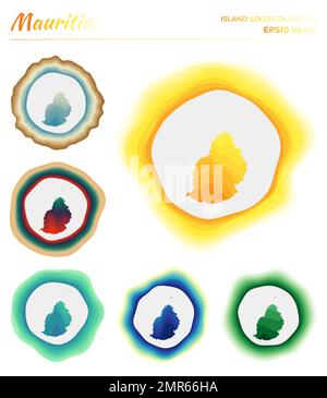 Collection de logos de Maurice. Badge coloré de l'île. Couches autour de la forme de la bordure de l'île Maurice. Illustration vectorielle. Illustration de Vecteur