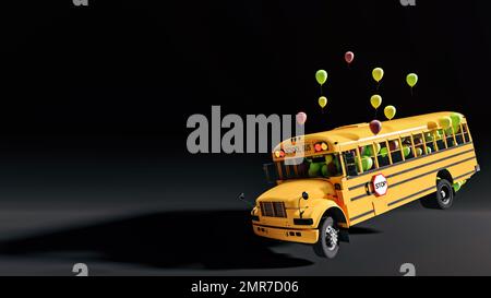 Un bus scolaire ludique plein de ballons prêts pour le début de l'année scolaire, prêt pour l'école et le concept de retour à l'école, fond noir, 3D illust Banque D'Images
