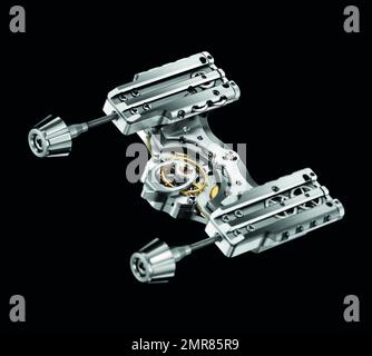 La montre-bracelet a été transformée et coûte cher ! MB&F, fabricant de montres haut de gamme, a lancé la Thunderbolt HM4, un moteur à jet exceptionnel, à un prix impressionnant de 158 000 $. Loin de la montre-bracelet traditionnelle, la HM4 Thunderbolt (ou horological machine No 4 Thunderbolt) dispose de deux cadrans montés sur deux sections en forme de moteur de jet de l'étui, l'un indiquant le temps et l'autre indiquant la réserve d'alimentation. La section saphir saisissante du boîtier qui révèle la micromécanique complexe et dynamique dans, nécessite plus de 100 heures d'usinage et de polissage pour devenir un Banque D'Images