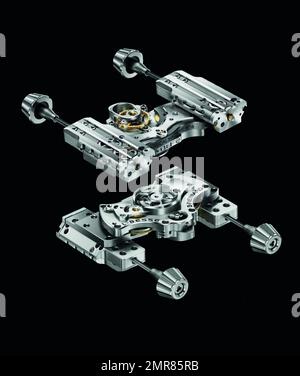 La montre-bracelet a été transformée et coûte cher ! MB&F, fabricant de montres haut de gamme, a lancé la Thunderbolt HM4, un moteur à jet exceptionnel, à un prix impressionnant de 158 000 $. Loin de la montre-bracelet traditionnelle, la HM4 Thunderbolt (ou horological machine No 4 Thunderbolt) dispose de deux cadrans montés sur deux sections en forme de moteur de jet de l'étui, l'un indiquant le temps et l'autre indiquant la réserve d'alimentation. La section saphir saisissante du boîtier qui révèle la micromécanique complexe et dynamique dans, nécessite plus de 100 heures d'usinage et de polissage pour devenir un Banque D'Images