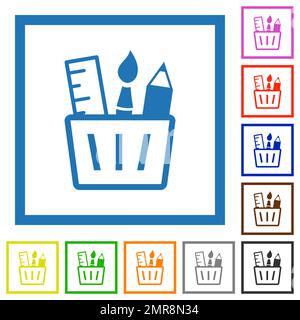 Les outils de dessin présentent les icônes de couleur plate dans des cadres carrés sur fond blanc Illustration de Vecteur