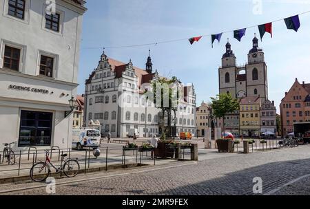 Ancien hôtel de ville, marché, Luther City Wittenberg, Saxe-Anhalt, Allemagne, Europe Banque D'Images