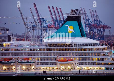 Bateau de croisière Artania au Hamburg Cruise Centre Altona avec les grues du port en arrière-plan, Hambourg, Allemagne, Europe Banque D'Images