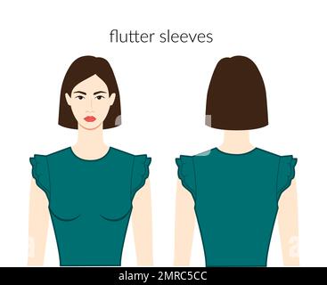 Vêtements à manches flutter - manches courtes cape, circulaire, papillon, Capelet -femmes en esmerald robes, hauts, chemises illustration technique de la mode. Modèle de vêtement plat. Femmes, hommes unisex CAD maquette Illustration de Vecteur