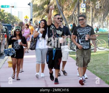 Michael 'la situation' Sorrentino, Nicole 'Snooki' Polizzi, Paul 'DJ Pauly d'' Delvecchio, Jenni 'JWoww' Farley, Ronnie Ortiz-Magro et Vinny Guadagnino Strut le long d'Ocean Drive tout en filmant à Miami des scènes pour la deuxième saison de l'émission de réalité à succès de MTV 'Jersey Shore'. Les membres de l'équipage font leur chemin le long de la rue et finissent dans un restaurant où ils ont tous des margaritas roses massives et ont le déjeuner. Miami Beach, Floride. 04/06/10. . Banque D'Images