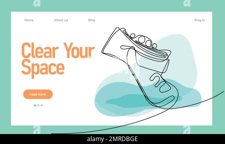 Dessin continu d'une ligne de mains portant des gants en caoutchouc surface de nettoyage avec un chiffon en microfibre ou une éponge et un spray désinfectant pendant la période de quarantaine prévue. Placez facilement votre texte et le logo de votre marque Illustration de Vecteur