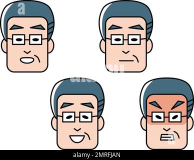 Ensemble de lunettes pour homme d'âge moyen avec icône en forme de visage. Diverses expressions du visage. Illustration de Vecteur