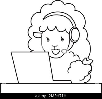 Un mouton pointant tout en regardant un ordinateur portable. Dessin de ligne monochrome. Illustrations d'animaux humoristiques. Illustration de Vecteur
