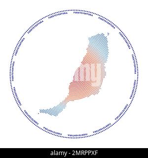 Logo rond Fuerteventura. Forme numérique de Fuerteventura en cercle pointillé avec le nom de l'île. Icône technologique de l'île avec points en dégradé. Puissance Illustration de Vecteur