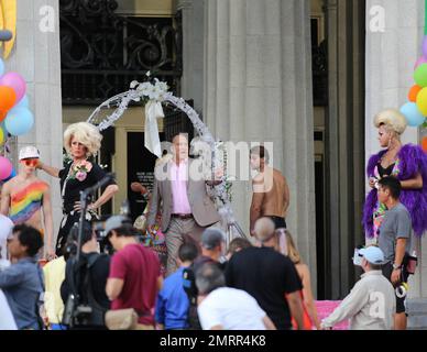 EXCLUSIF !! William Levy et James Belushi sont repérés sur des scènes de tournage pour leur prochain film, « A change of Heart ». Miami, Floride. 7 juin 2014. Banque D'Images