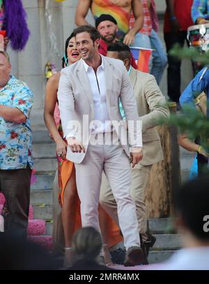 EXCLUSIF !! William Levy et James Belushi sont repérés sur des scènes de tournage pour leur prochain film, « A change of Heart ». Miami, Floride. 7 juin 2014. Banque D'Images