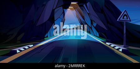 Tunnel routier, autoroute souterraine en montagne la nuit. Paysage de campagne avec chemin d'asphalte, signe de prudence de l'entrée du tunnel dans la grotte de roche avec des lampes, illustration de dessin animé vectoriel Illustration de Vecteur