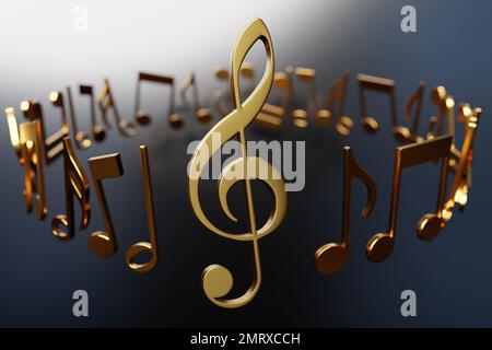 Notes musicales et symboles avec des courbes et des tourbillons sur un fond noir et de couleur claire. 3D illustration Banque D'Images