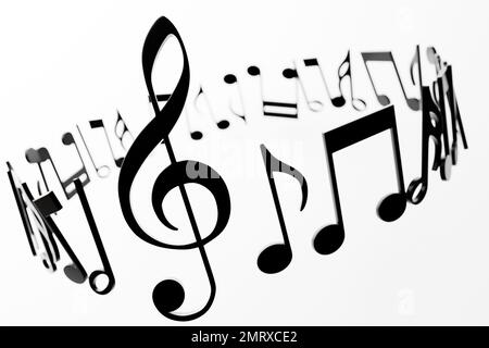 Notes musicales et symboles avec des courbes et des tourbillons sur fond blanc sous une couleur claire. 3D illustration Banque D'Images