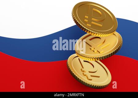 3d illustration de beaucoup de pièces d'or avec le signe du rouble sur le fond du drapeau national Banque D'Images