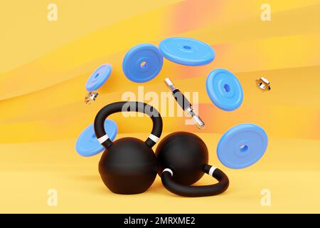 Deux cloches de kettlebell en métal bleu lourd et une haltère démontée avec des plaques sur fond jaune. Le concept de formation et d'améliorations réussies i Banque D'Images