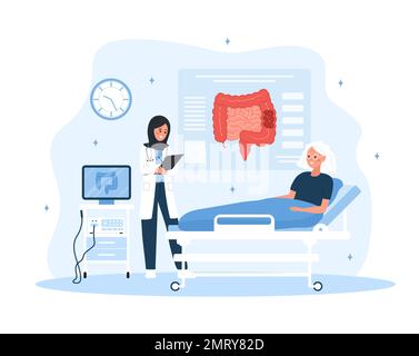 Concept de coloscopie. Proctologue arabe femelle examine intestin. Une femme âgée est examinée à l'hôpital. Illustration vectorielle dans un dessin animé plat Illustration de Vecteur