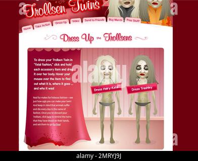 Exclusif !! Voici les « JUMEAUX TROLLSEN ». Après avoir ignoré les arguments pour cesser de porter de la fourrure et de l'utiliser dans leur collection de mode, les jumeaux minces Mary-Kate et Ashley Olsen sont sur le point d'obtenir une publicité qui les fera courir plus vite que s'ils avaient repéré une calorie. Pour coïncider avec le dévoilement de l'annonce Olsen Twins peta2 à la star Walk of Fame d'Olsens sur Hollywood Boulevard demain, peta2 a lancé un tout nouveau site Web consacré entièrement aux Trollsens. Les célèbres actrices pour enfants sont connues sur le site sous le nom de 'Hairy-Kate' et 'Trashley'. Il dispose d'une "fatal Fashion" animé robe-up jeu com Banque D'Images