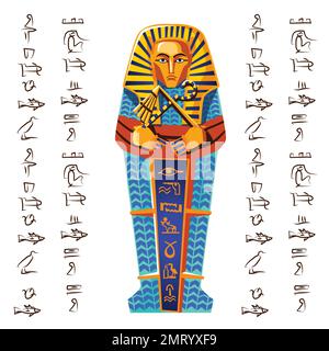 Illustration de dessin animé vecteur Égypte ancienne. Symbole de la culture égyptienne, sarcophage de pharaon doré ou en pierre avec hiéroglyphes, une partie du culte religieux des morts, isolé sur fond blanc, vue de dessus Illustration de Vecteur