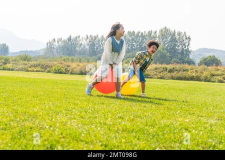 Les deux enfants jouent à des jeux sur l'herbe Banque D'Images