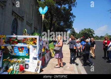 Sur ce qui aurait été ses fans d'anniversaire de 51st de feu le chanteur pop Michael Jackson, qui est décédé sur 25 juin 2009, se rassemblent à son lieu de sépulture et sa star sur le Hollywood Walk of Fame. Les fans ont laissé des cartes et des fleurs faites à la main au cimetière de la forêt de Glendale où Jackson est enterré et à son étoile en face du célèbre théâtre chinois de Grauman. Ceux qui se sont rassemblés étaient dans de bons esprits et il y avait même une poussée de nouveauté sur le Walk of Fame comme les passants ont eu leur photo prise avec un impersonateur de Michael Jackson. Selon les rapports des enfants de Jackson, le fils du Prince Michael I, 13, d Banque D'Images