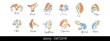 Symbole d'astrologie signe zodiaque horoscope ensemble dans le style de ligne art boho couleur Illustration de Vecteur