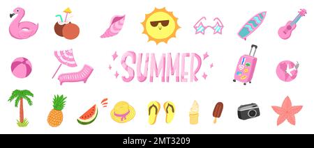Vacances d'été. Voyage. Illustrations vectorielles de style dessin animé plat, isolées sur fond blanc. Illustration de Vecteur