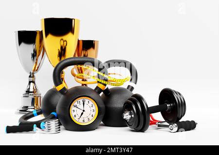 3D illustration, coupes de sport sur le fond de kettlebells, haltères, un mandrin en fer ou un bracelet de résistance, des bandes de caoutchouc de forme physique et d'autres spreurs Banque D'Images