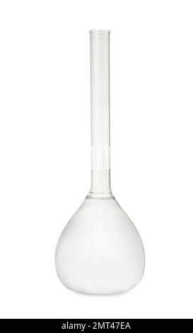 Fiole jaugée vide isolée sur blanc. Verrerie de laboratoire Banque D'Images