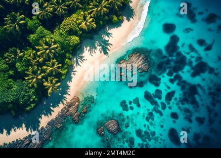 Vue aérienne de haut en bas de la plage tropicale avec du sable doré, des palmiers et de l'eau turquoise de l'océan. Magnifique été paradis tropical plage arrière-plan. Banque D'Images