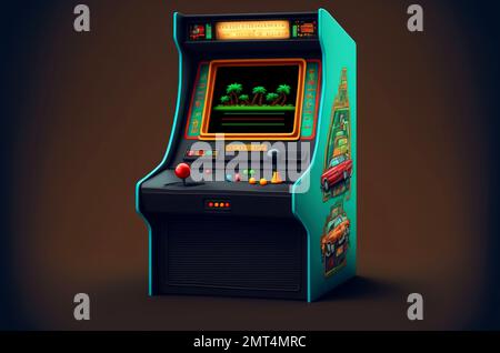 Machine de jeu d'arcade rétro sur fond sombre. Machine d'arcade de jeux vidéo multi vintage. 3D illustration. Banque D'Images