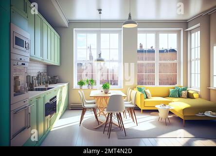 Cuisine américaine confortable avec salon intérieur avec parquet en bois blanc, grandes fenêtres avec vue sur la ville, kitchenette verte, canapé jaune, table et ch Banque D'Images