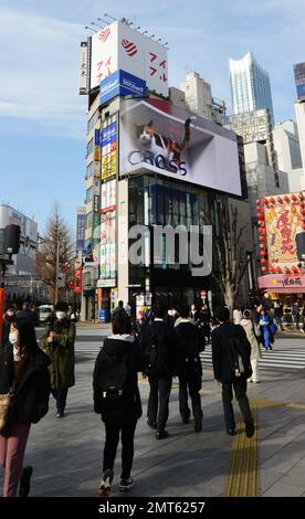 Piétons traversant la rue sous le panneau d'affichage Cat 3D à Shinjuku, Tokyo, Japon. Banque D'Images