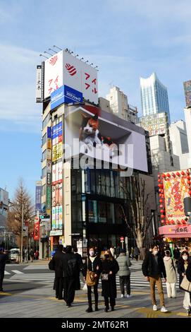 Piétons traversant la rue sous le panneau d'affichage Cat 3D à Shinjuku, Tokyo, Japon. Banque D'Images