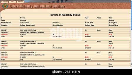 O.J. Les informations de réservation de Simpson suite à son arrestation pour le vol armé présumé d'un marchand de souvenirs dans une chambre d'hôtel de Las Vegas. Il a été inscrit sur les accusations de deux chefs d'accusation de vol avec une arme mortelle, de deux chefs d'agression avec une arme mortelle, de complot pour commettre un crime et de cambriolage avec une arme à feu. Il est actuellement détenu au centre de détention du comté de Clark. Las Vegas, Nevada 9/17/07. Banque D'Images