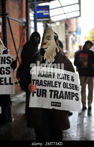 La fourrure s'est envolée à la signature de Mary-Kate et Ashley Olsen pour leur nouveau livre de mode « influence » au magasin de livres Barnes & Noble de Manhattan. Un groupe de manifestants portait des masques Trollsen Twins et portait des panneaux PETA qui condamnaient les penderies en fourrure des jumeaux. Les panneaux indiquent « Trollsens fur HAGS from Hell » et « Hairy Kate & Ashley Olsen: Fur Traps ». La signature a été restreinte par un ensemble inhabituel de neuf règles qui ne comprenaient pas de photographie, pas de parler aux jumeaux et les bracelets requis devaient être portés par tous les participants à l'événement. New York, NY. 10/28/08. Banque D'Images