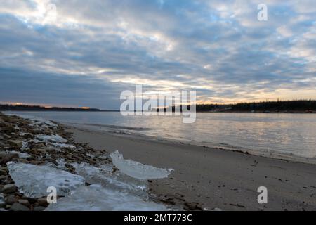 De petites banquise de la première glace se trouvent sur la rive sablonneuse de la rivière Vilyui à Yakutia au début de l'hiver. Banque D'Images